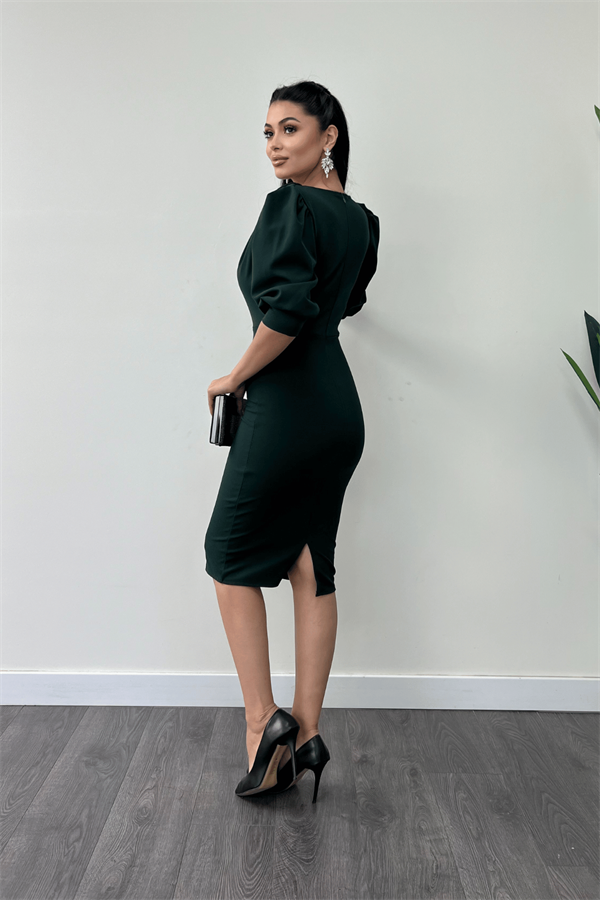 فستان قلم بياقة ديغاجي قماش الكريب بأكمام - زمرد