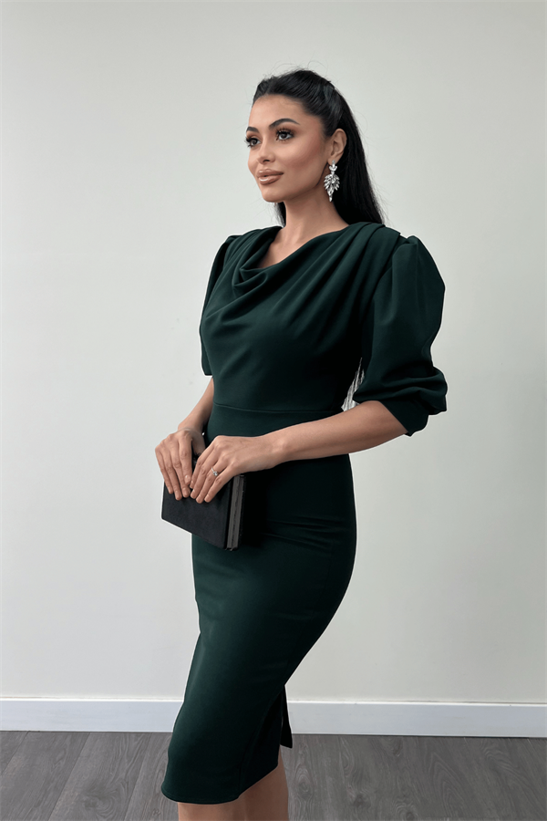 فستان قلم بياقة ديغاجي قماش الكريب بأكمام - زمرد