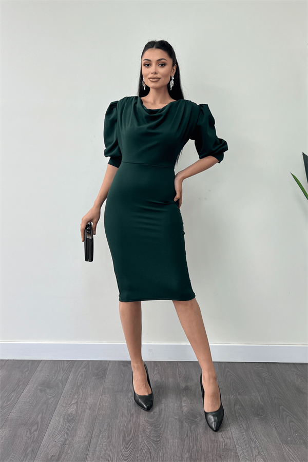 فستان قلم بياقة ديغاجي قماش الكريب بأكمام - زمرد