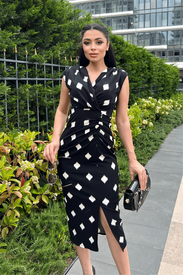 Krep Kumaş Düğme Detaylı Kalem Elbise - SİYAH