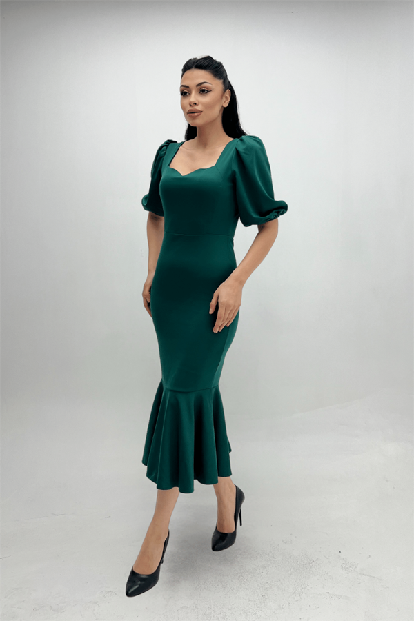 Krep Kumaş Eteği Volanlı Kalem Abiye Elbise - ZÜMRÜT YEŞİL