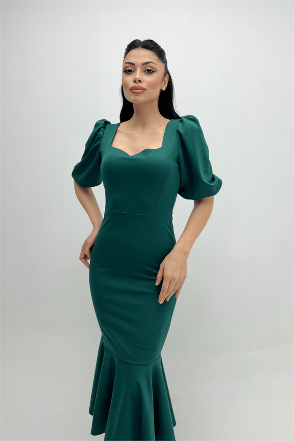 Krep Kumaş Eteği Volanlı Kalem Abiye Elbise - ZÜMRÜT YEŞİL