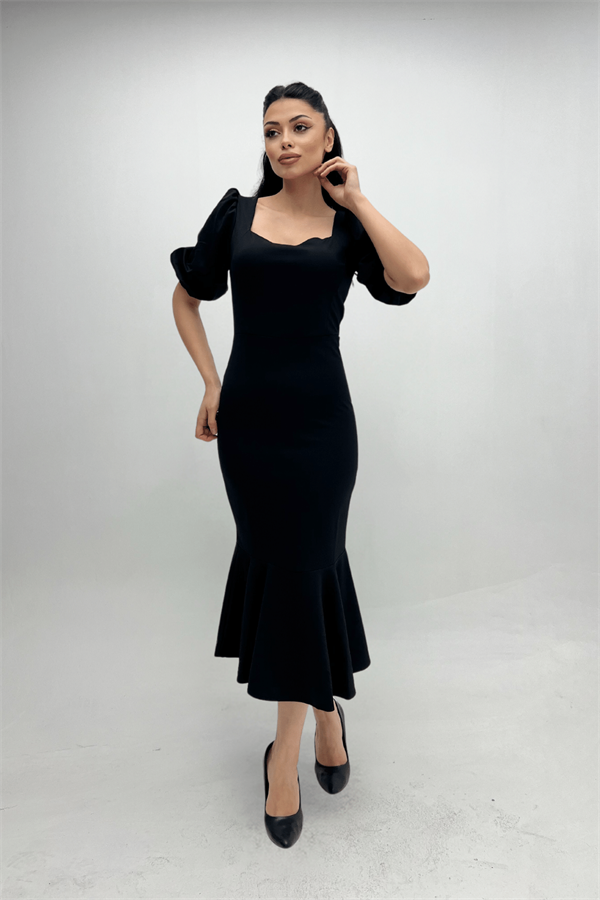 Krep Kumaş Eteği Volanlı Kalem Abiye Elbise - SİYAH