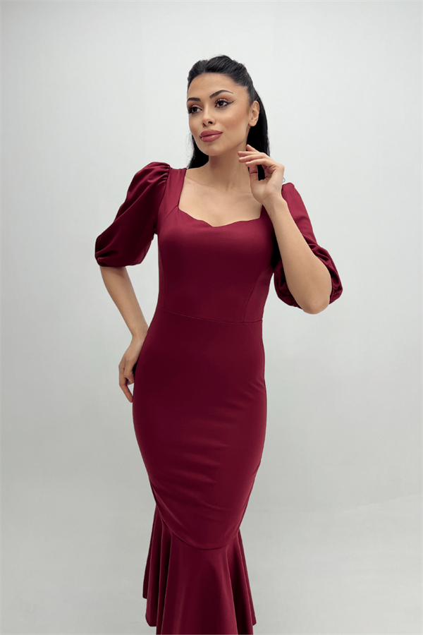 Krep Kumaş Eteği Volanlı Kalem Abiye Elbise - BORDO