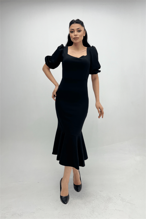 Krep Kumaş Eteği Volanlı Kalem Abiye Elbise - SİYAH