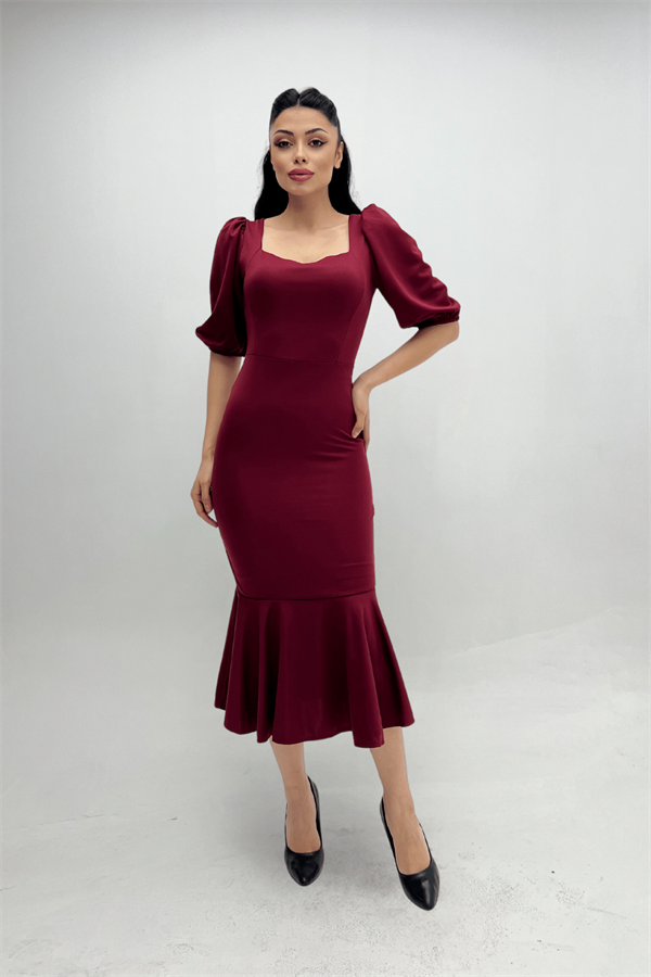 Krep Kumaş Eteği Volanlı Kalem Abiye Elbise - BORDO