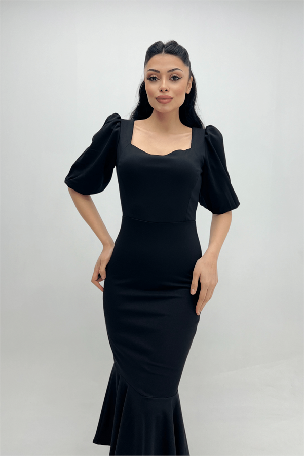 Krep Kumaş Eteği Volanlı Kalem Abiye Elbise - SİYAH
