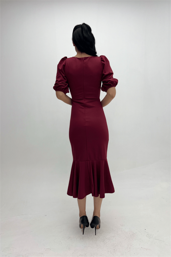 Krep Kumaş Eteği Volanlı Kalem Abiye Elbise - BORDO