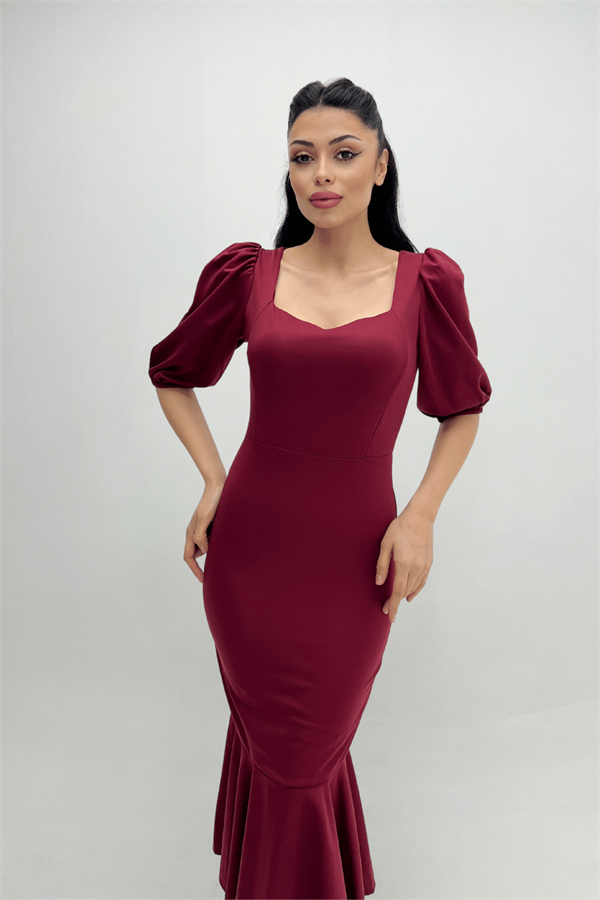 Krep Kumaş Eteği Volanlı Kalem Abiye Elbise - BORDO