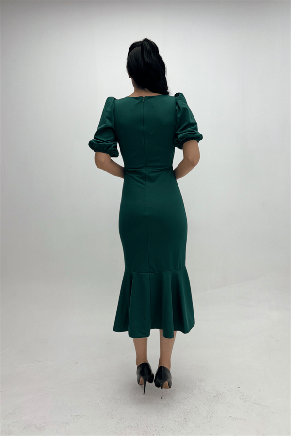 Krep Kumaş Eteği Volanlı Kalem Abiye Elbise - ZÜMRÜT YEŞİL