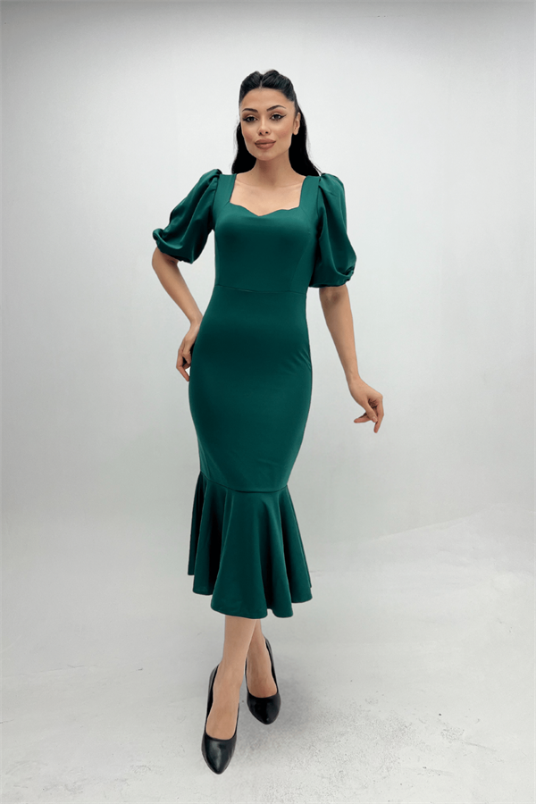 Krep Kumaş Eteği Volanlı Kalem Abiye Elbise - ZÜMRÜT YEŞİL