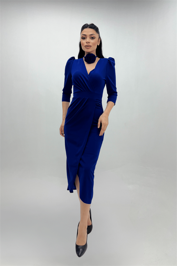 Krep Kumaş Gül Detaylı Ceket Elbise - SAKS MAVİ