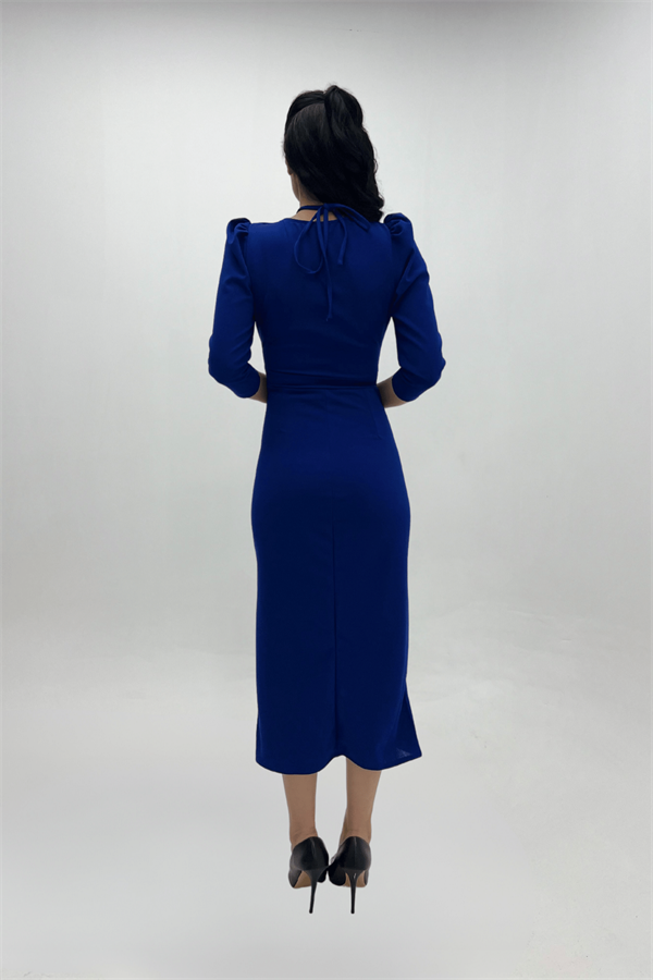 Krep Kumaş Gül Detaylı Ceket Elbise - SAKS MAVİ