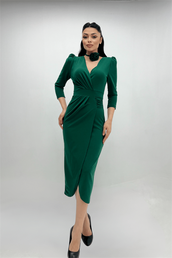 Krep Kumaş Gül Detaylı Ceket Elbise - ZÜMRÜT YEŞİL