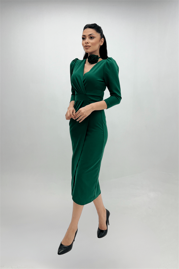 Krep Kumaş Gül Detaylı Ceket Elbise - ZÜMRÜT YEŞİL