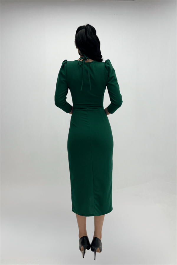 Krep Kumaş Gül Detaylı Ceket Elbise - ZÜMRÜT YEŞİL
