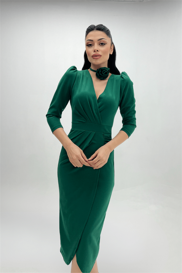 Krep Kumaş Gül Detaylı Ceket Elbise - ZÜMRÜT YEŞİL