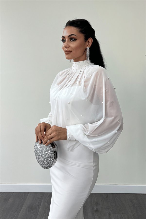 Krep Kumaş İnci Bolero Detaylı Balık Elbise - BEYAZ