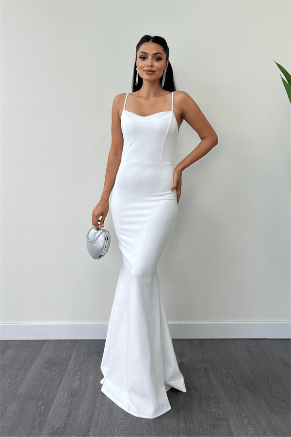 Krep Kumaş İnci Bolero Detaylı Balık Elbise - BEYAZ