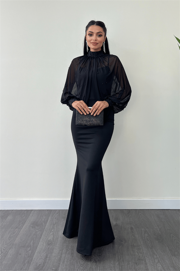 Krep Kumaş İnci Bolero Detaylı Balık Elbise - SİYAH