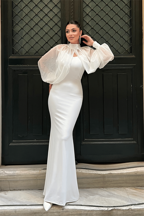 Krep Kumaş İnci Bolero Detaylı Balık Elbise - BEYAZ