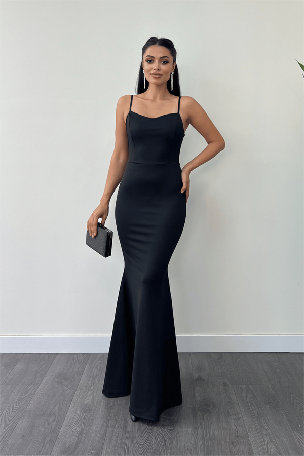 Krep Kumaş İnci Bolero Detaylı Balık Elbise - SİYAH