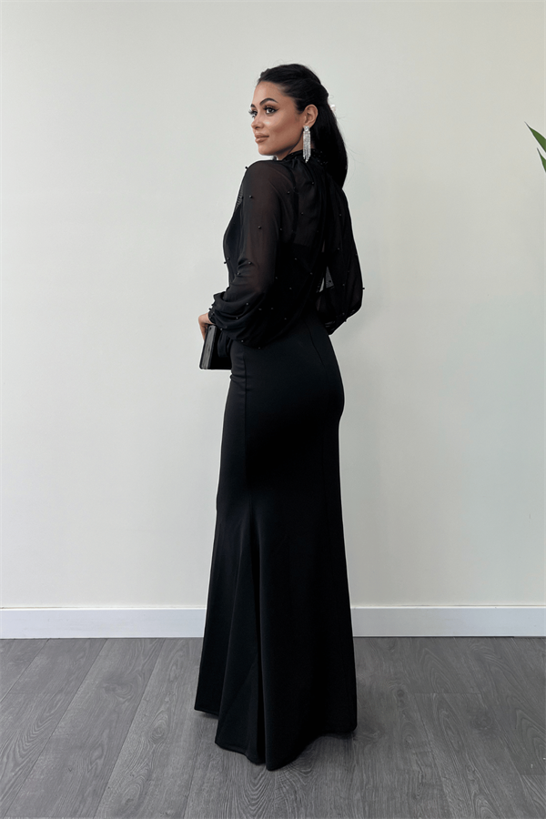 Krep Kumaş İnci Bolero Detaylı Balık Elbise - SİYAH