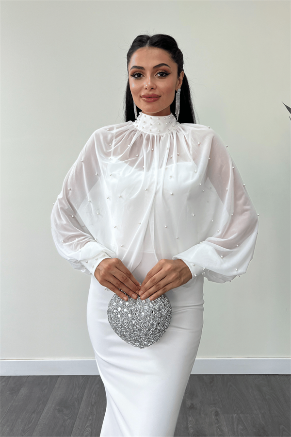 Krep Kumaş İnci Bolero Detaylı Balık Elbise - BEYAZ