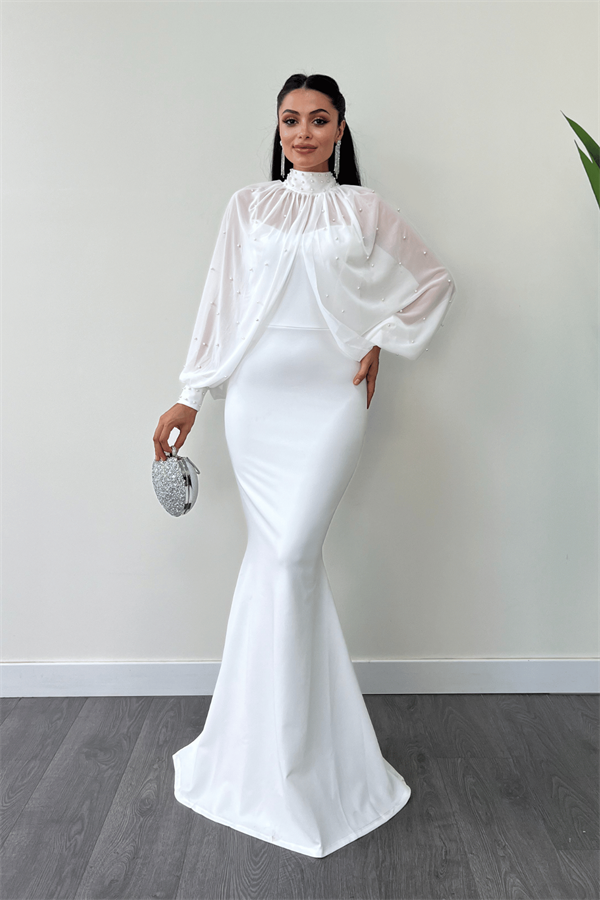 Krep Kumaş İnci Bolero Detaylı Balık Elbise - BEYAZ