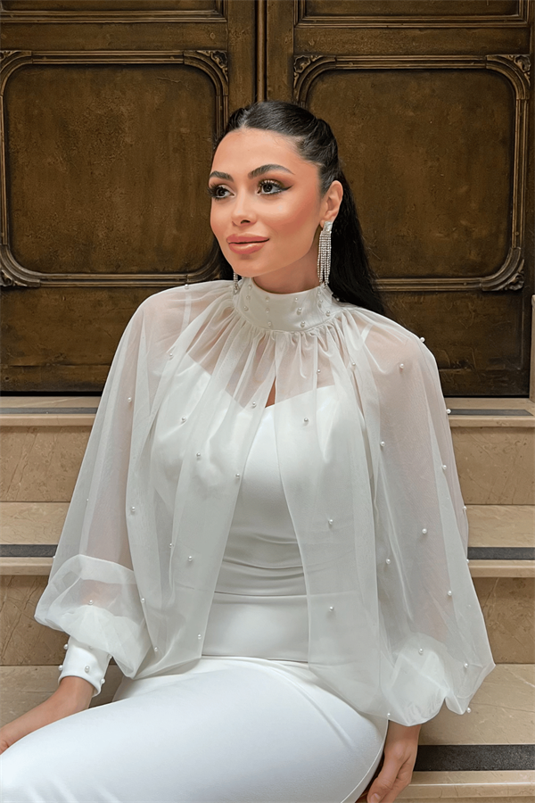 Krep Kumaş İnci Bolero Detaylı Balık Elbise - BEYAZ