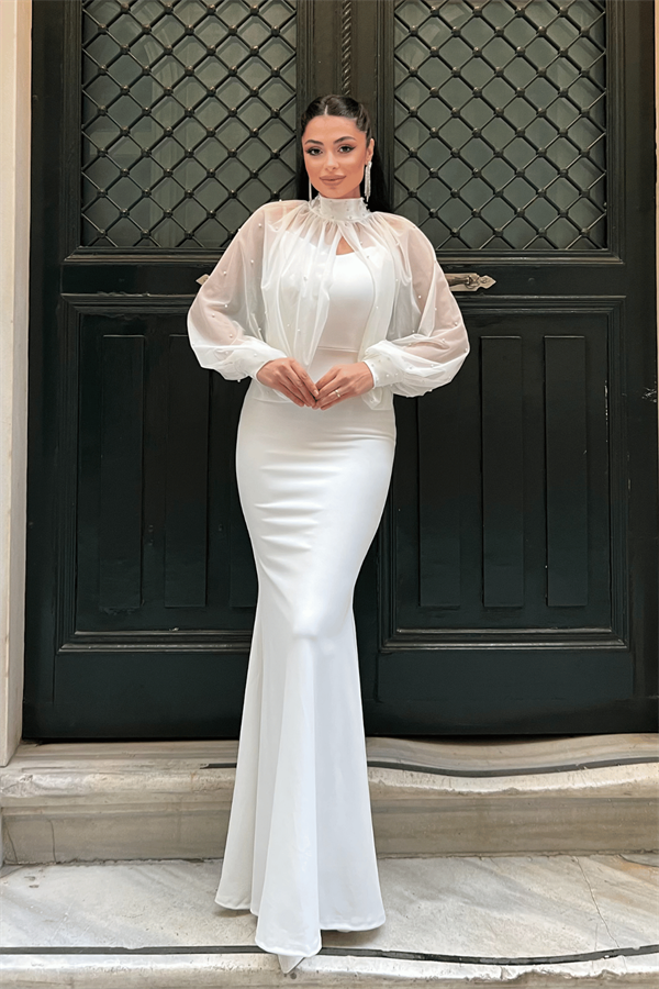 Krep Kumaş İnci Bolero Detaylı Balık Elbise - BEYAZ