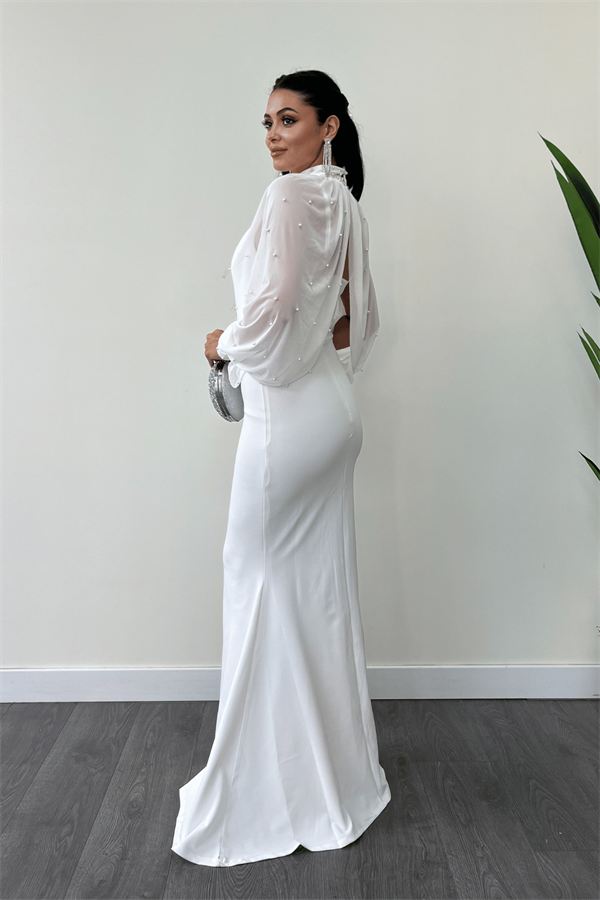 Krep Kumaş İnci Bolero Detaylı Balık Elbise - BEYAZ