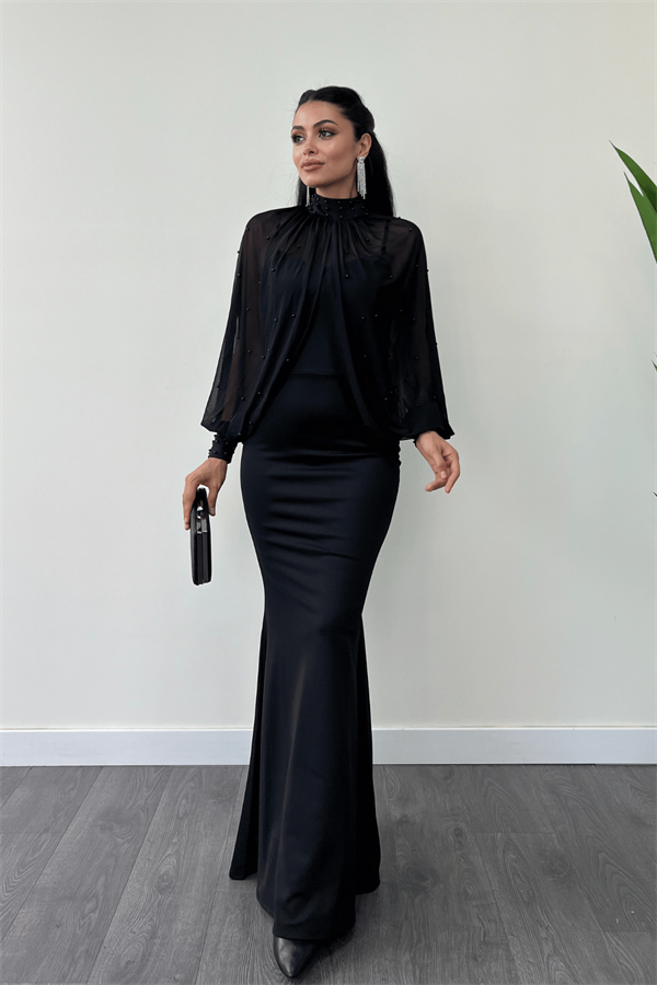 Krep Kumaş İnci Bolero Detaylı Balık Elbise - SİYAH
