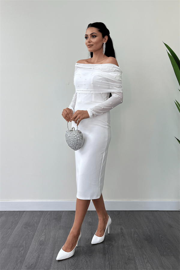 Krep Kumaş İnci Bolero Detaylı Kalem Elbise - BEYAZ