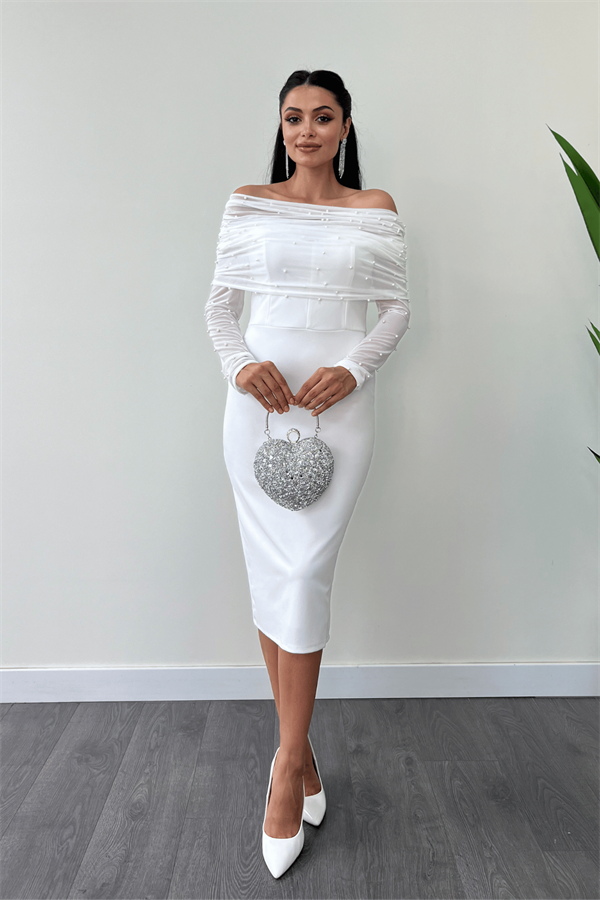 Krep Kumaş İnci Bolero Detaylı Kalem Elbise - BEYAZ