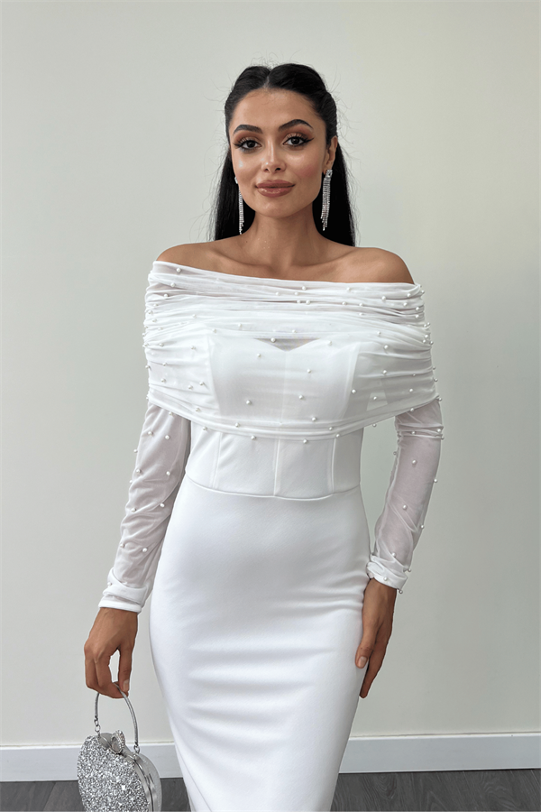Krep Kumaş İnci Bolero Detaylı Kalem Elbise - BEYAZ
