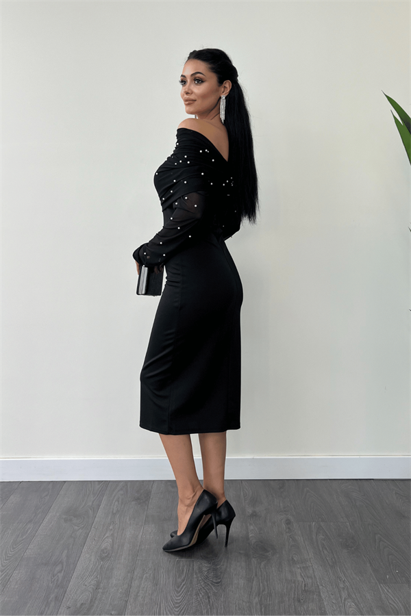 Krep Kumaş İnci Bolero Detaylı Kalem Elbise - SİYAH