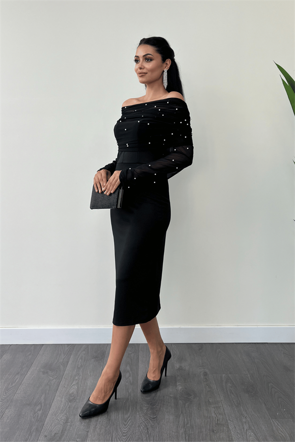 Krep Kumaş İnci Bolero Detaylı Kalem Elbise - SİYAH