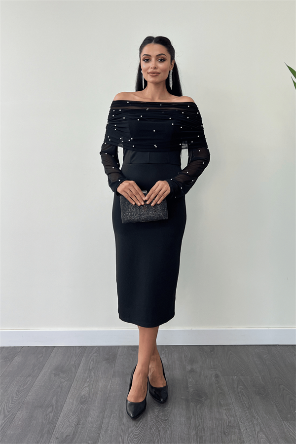 Krep Kumaş İnci Bolero Detaylı Kalem Elbise - SİYAH