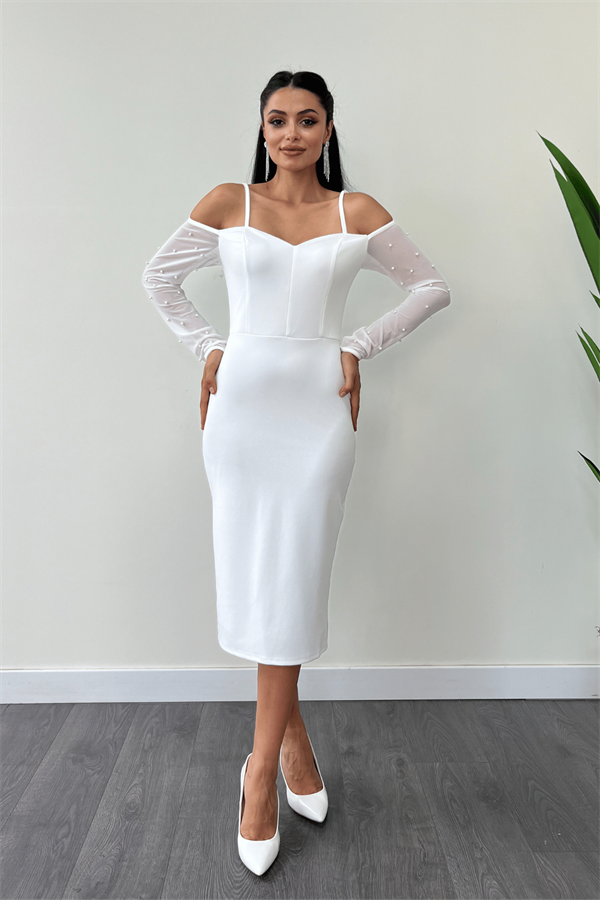 Krep Kumaş İnci Bolero Detaylı Kalem Elbise - BEYAZ