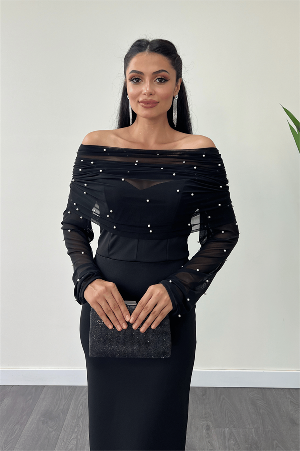 Krep Kumaş İnci Bolero Detaylı Kalem Elbise - SİYAH