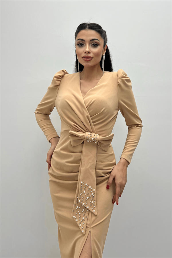 Krep Kumaş İnci Detaylı Ceket Elbise - BEJ