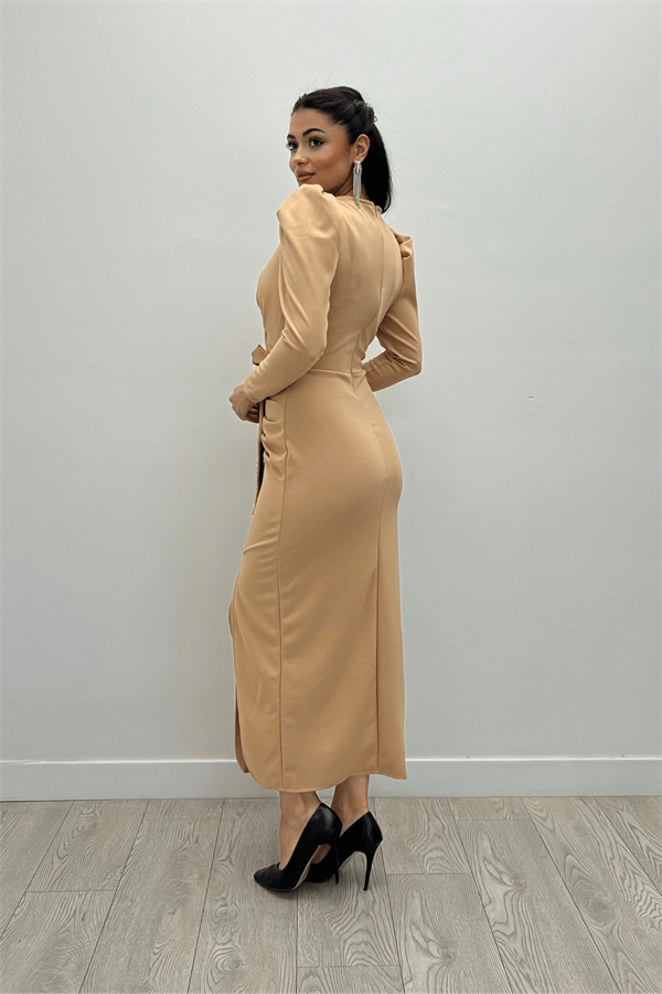 Krep Kumaş İnci Detaylı Ceket Elbise - BEJ