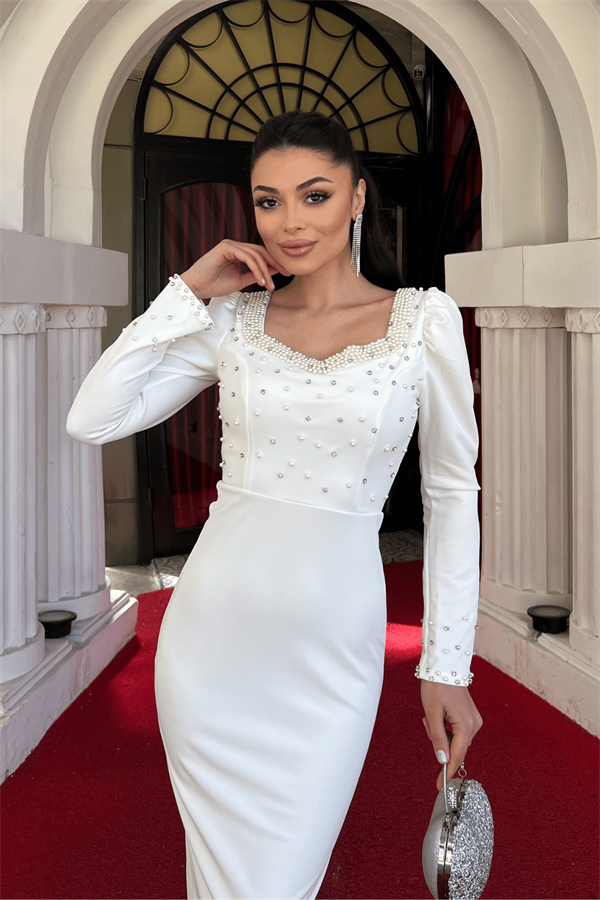 Krep Kumaş İnci Detaylı Kalem Abiye Elbise - BEYAZ