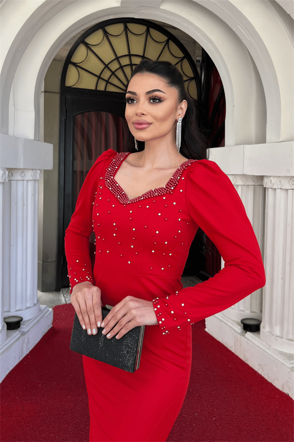 Krep Kumaş İnci Detaylı Kalem Abiye Elbise - KIRMIZI