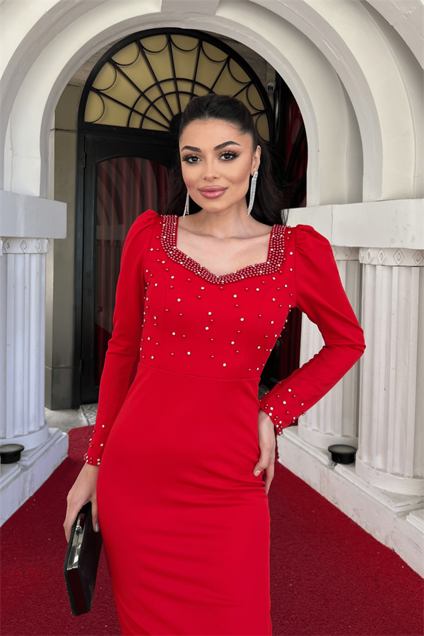 Krep Kumaş İnci Detaylı Kalem Abiye Elbise - KIRMIZI