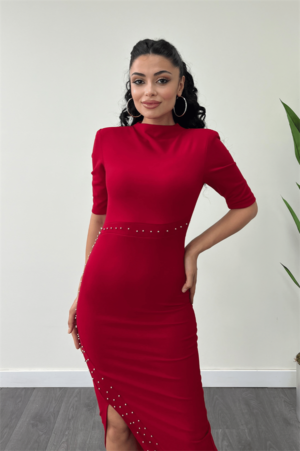 Krep Kumaş İnci Detaylı Kalem Elbise - KIRMIZI
