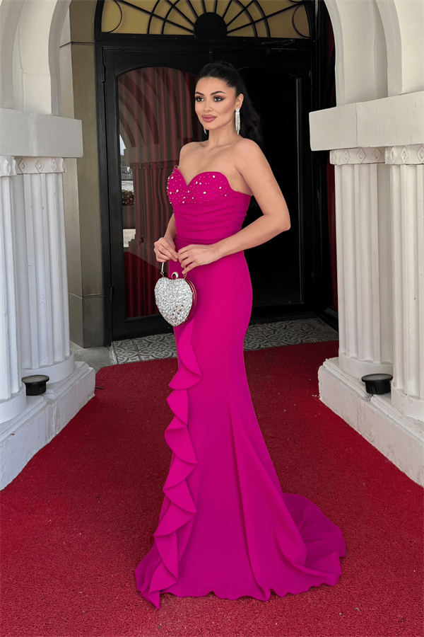 Krep Kumaş İncili Volan Detaylı Straplez Balık Elbise - FUŞYA