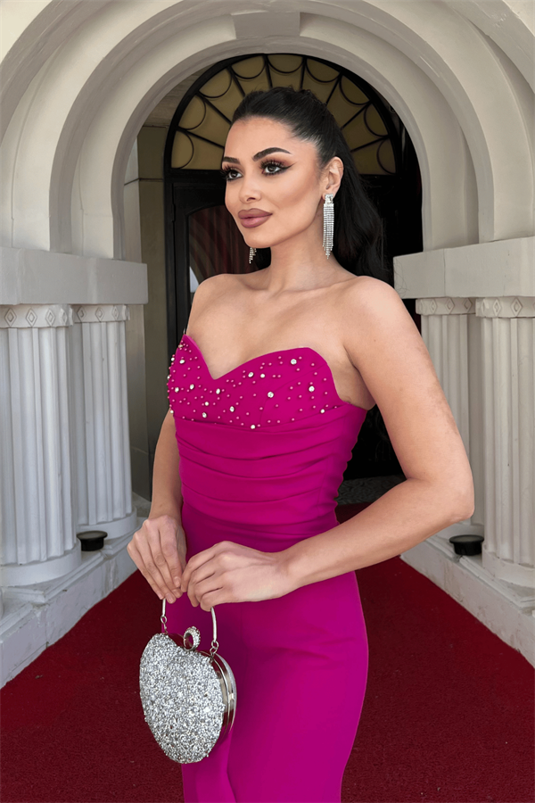 Krep Kumaş İncili Volan Detaylı Straplez Balık Elbise - FUŞYA