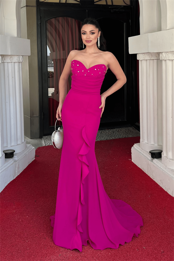 Krep Kumaş İncili Volan Detaylı Straplez Balık Elbise - FUŞYA